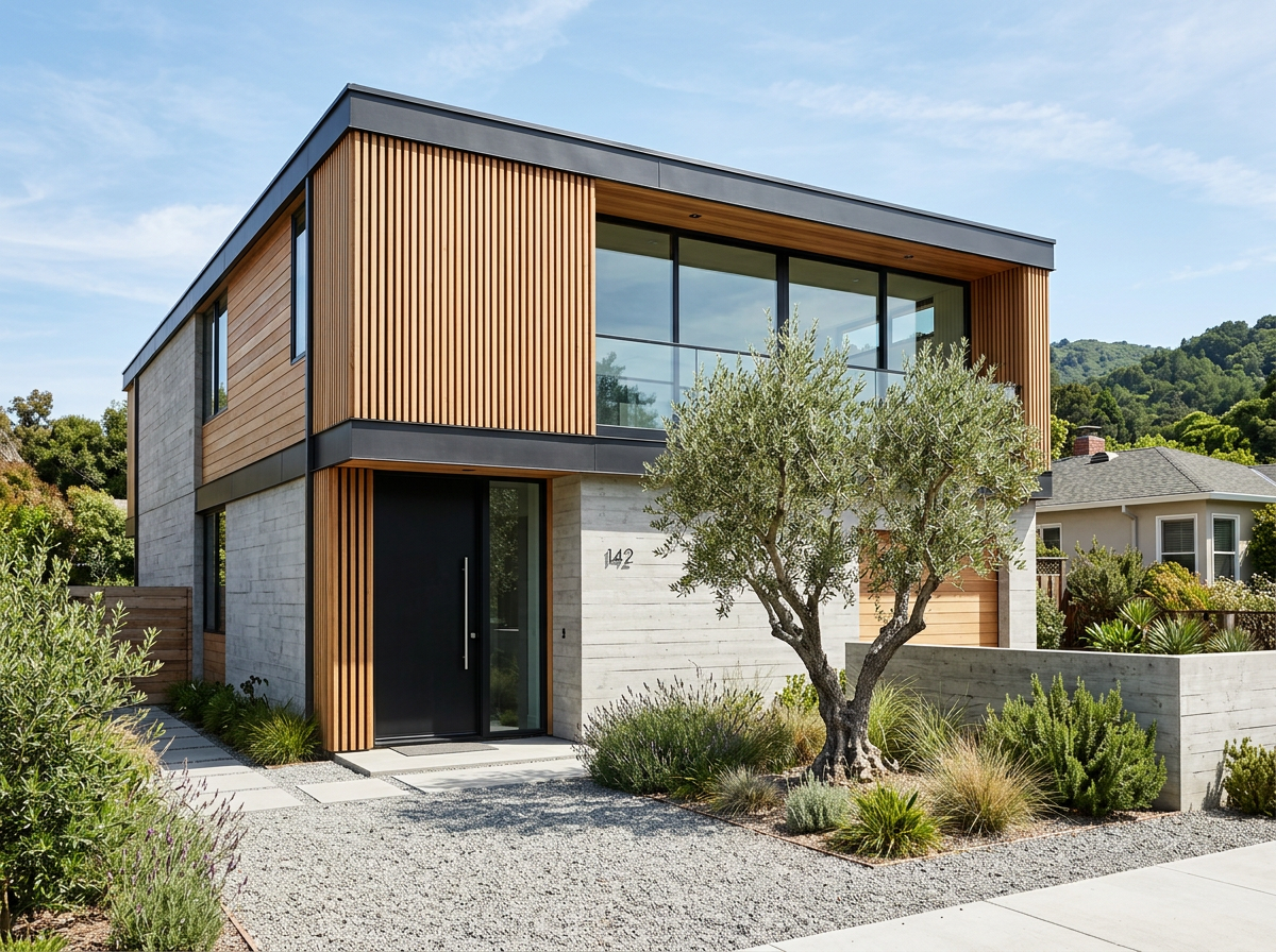 Fachada de la casa modelo Berlín compacta con detalles de madera