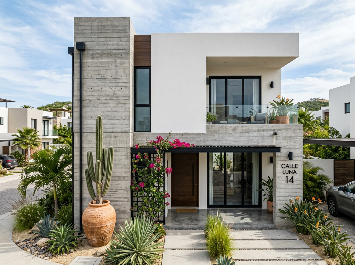 Fachada de la casa modelo Medellín con muros de concreto y plantas
