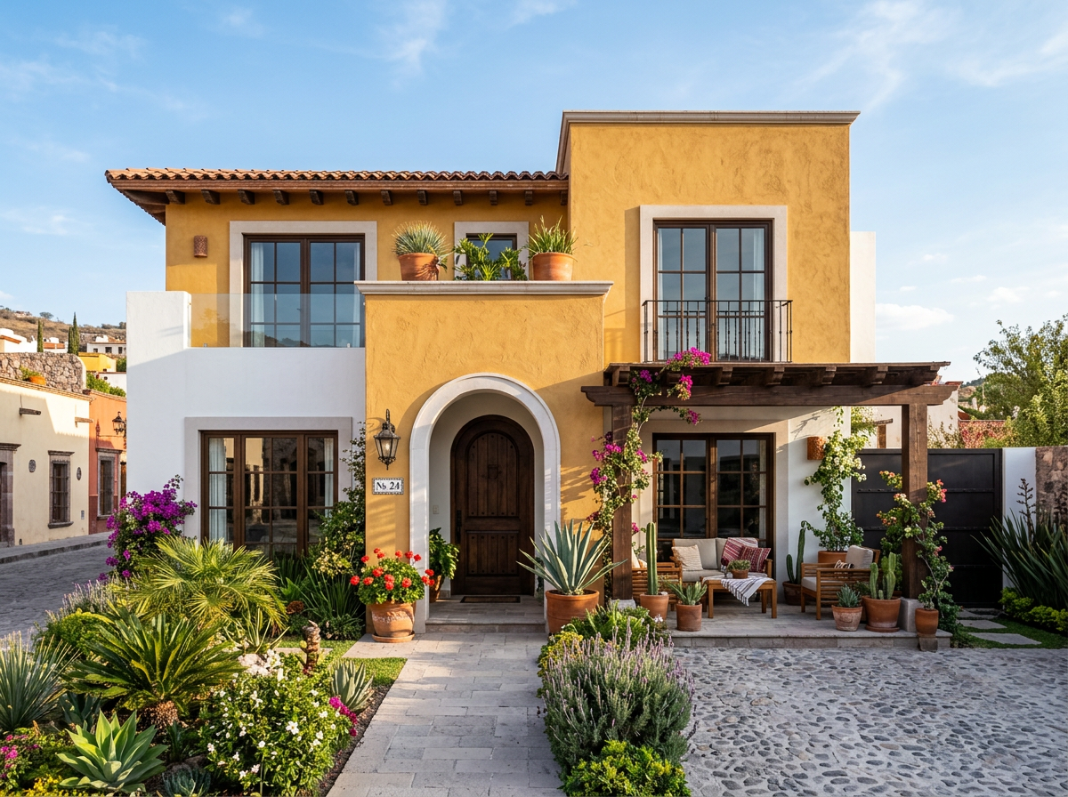 Fachada de la casa modelo Sevilla con arco de entrada y pérgola